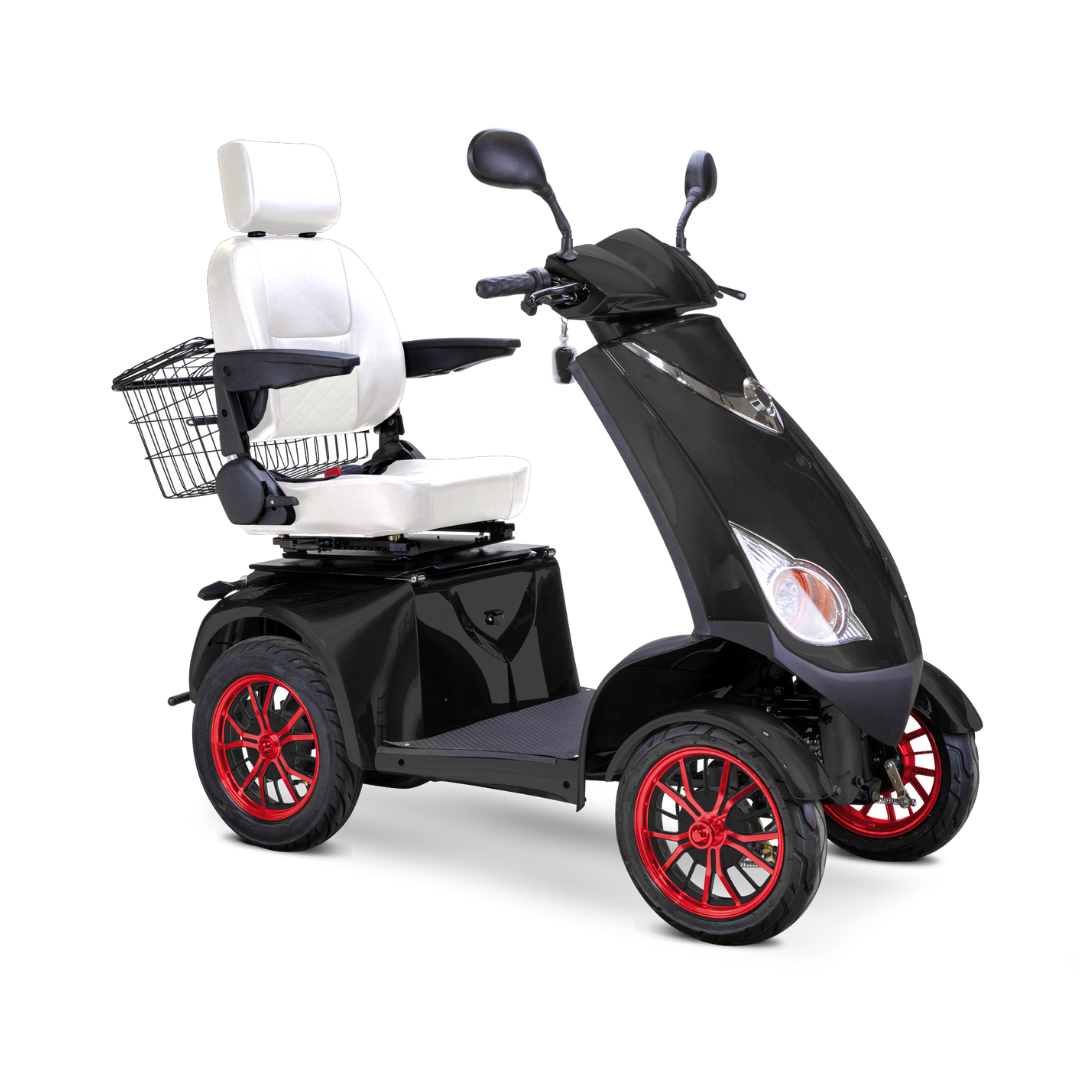 The Bespoke Platinum Recreational 4-Wheel Scooter with Electric Brake Assist features a black frame, red rims, large padded white seat with headrest and armrests, rear-view mirrors, rear wire basket, and a high-performance motor for smooth rides.
